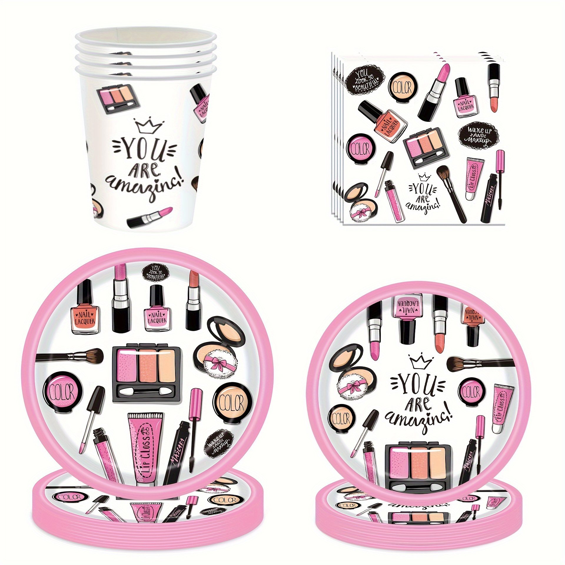

Makeup-themed - Disposable Tableware Set With Plates, Cups, Napkins & Banner - Perfect For Birthday Celebrations & Room Decor Birthday Party Decorations Party Decorations