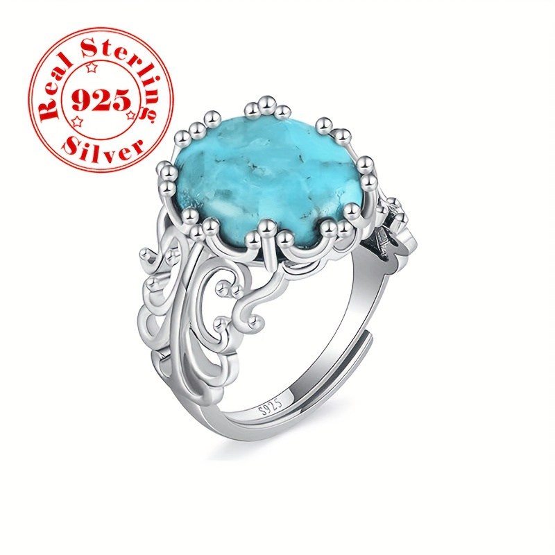 

925 Sterling Silver Ladies Fashion Ring, Vintage Elegance, Floral With Turquoise, Adjustable Open Band, Hypoallergenic, Gift For Mother's Day, 3.8g Jewelry
