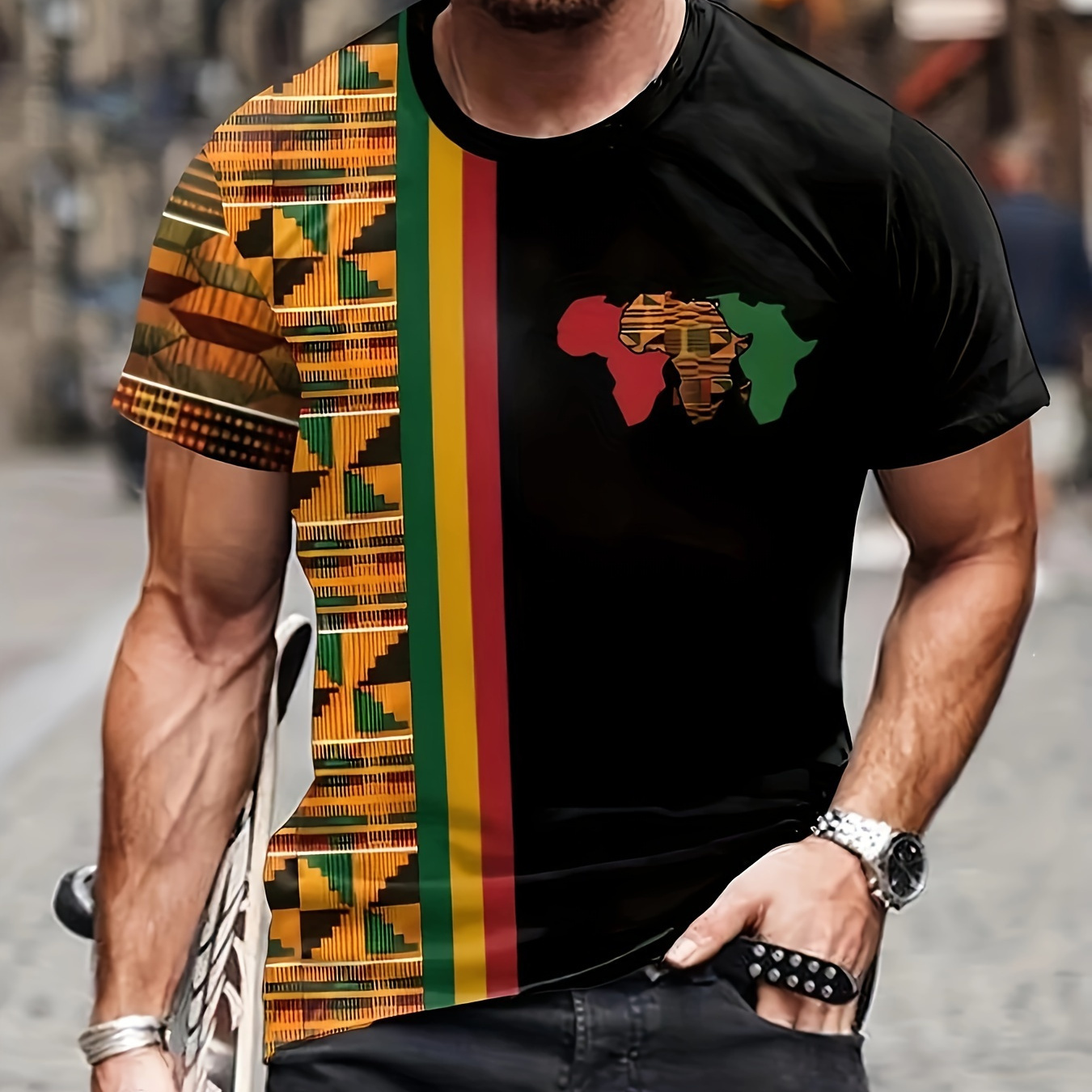 

Men's African Geometric Graphic And State Map Pattern Crew Neck And Short Sleeve T-shirt, Stylish And Casual Tops For Summer Outdoors Leisurewear