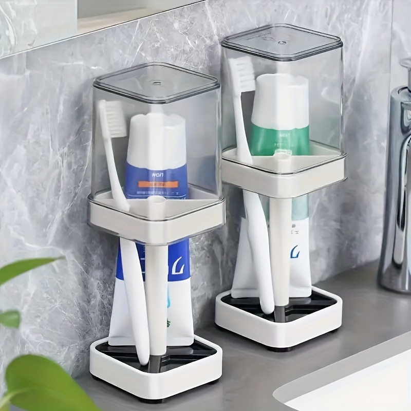 

Dustproof Toothbrush And Toothpaste Holder Set With Cups, Bathroom Countertop Organizer, Removable Easy Clean Drainage