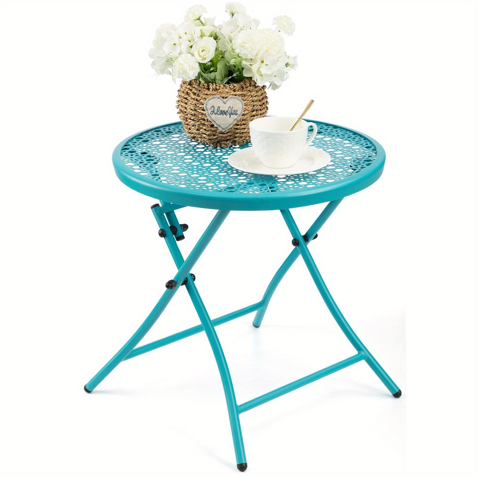 

Folding Outdoor Side Tables, Anti Rust Small Patio Table Round Metal End Table With Flower Cutouts For Porch Yard Balcony Deck Lawn, Blue