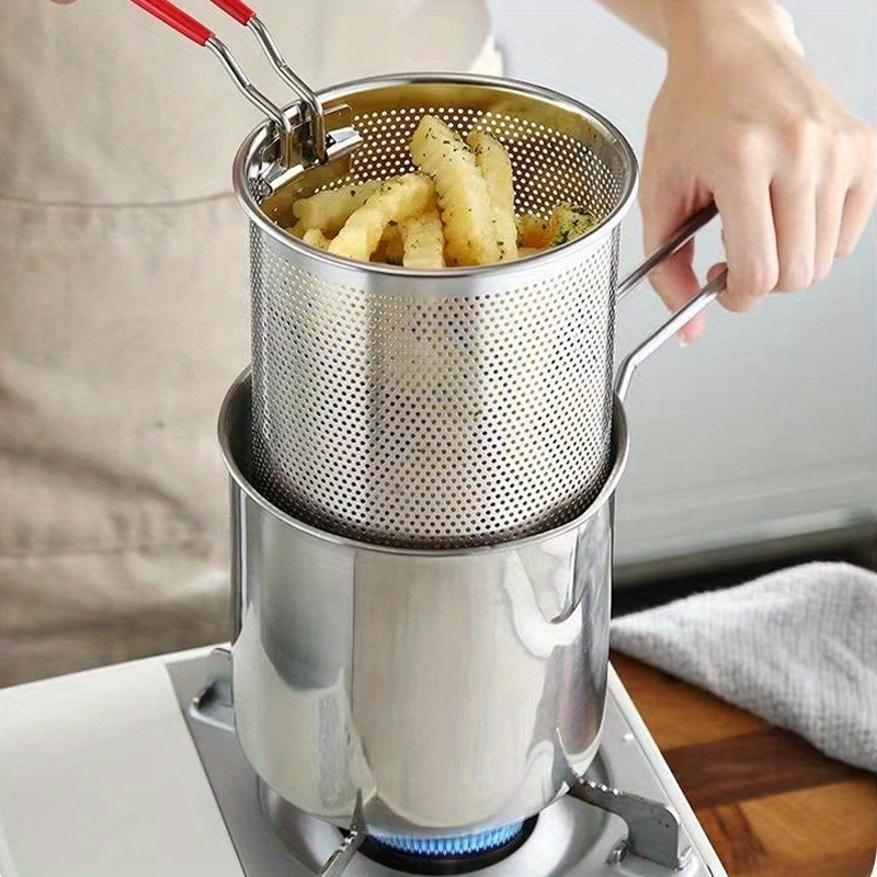 

Stainless Steel Tempura Deep Fryer Pot With Removable Oil Residue Strainer, Multifunctional Cooking Pot For Boiling Noodles, Heating Milk, And Making French Fries - Food Contact Safe Cookware