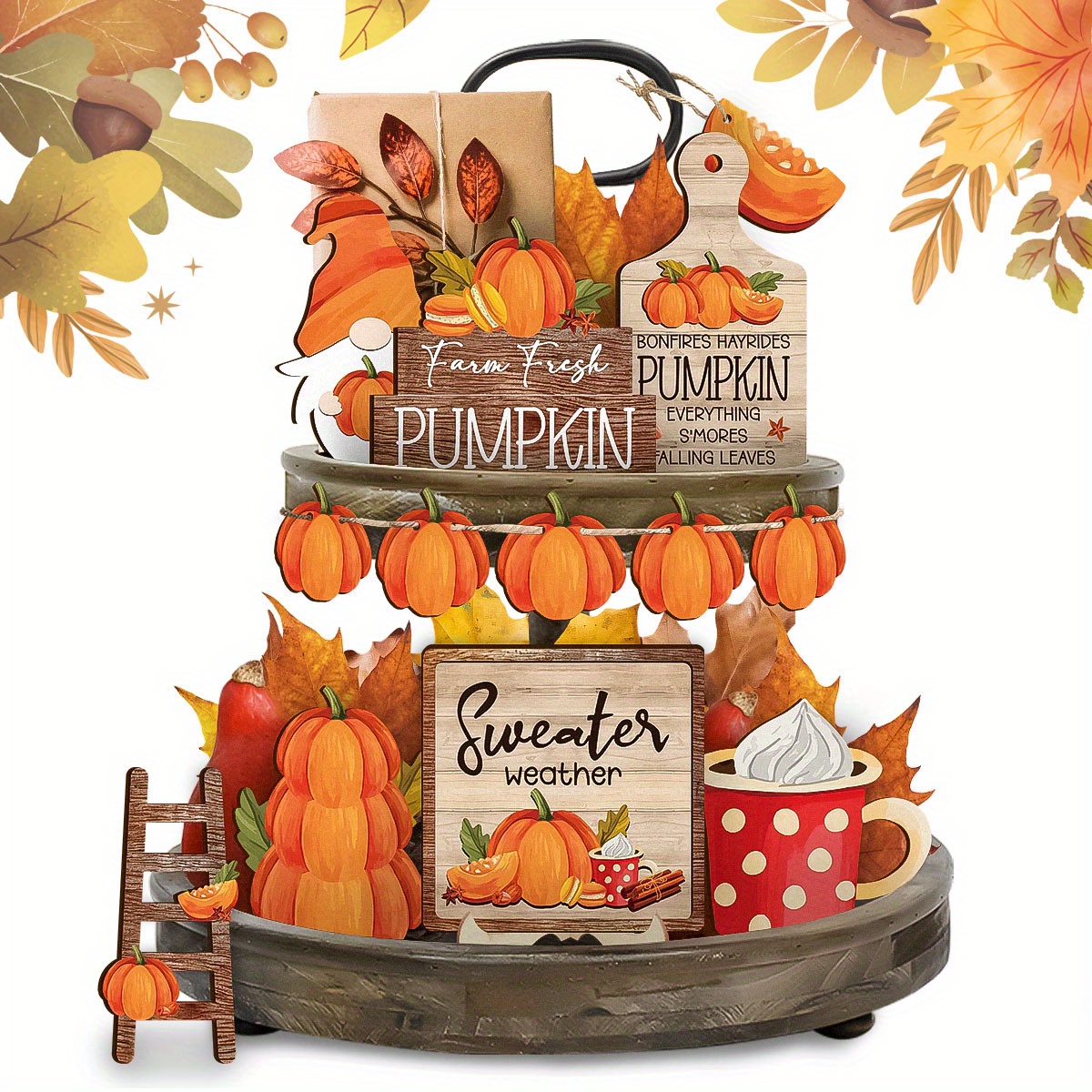 

1 Set Of Fall Home Wooden Decorations - Decorative Wood Board Pumpkin Happy Fall Decorations Wooden Sign, Farmhouse Fall Harvest Thanksgiving Decorations Fall Tiered Tray Decorations