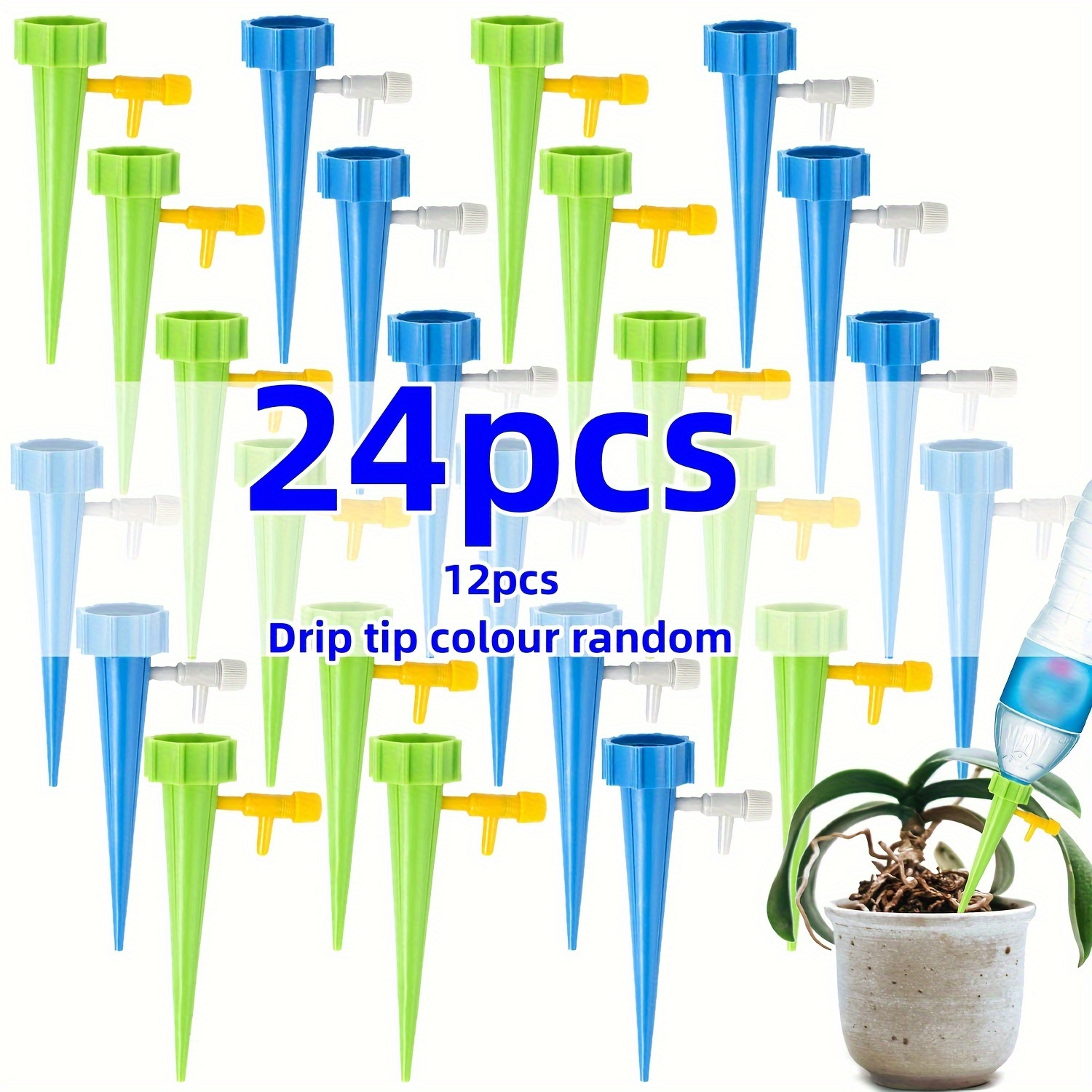 

Adjustable Self-watering Spikes - 24pc/12pc Set, Automatic Drip Irrigation System For Indoor & Outdoor Gardens, Universal Connector, No Batteries Required, Plastic - Assorted Drip Tip Colors