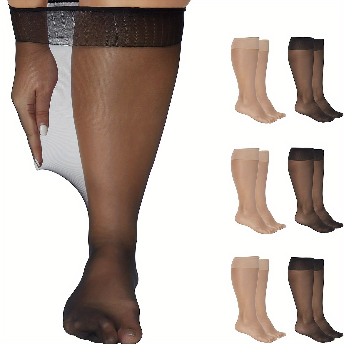 

6 Pairs Women's Plus Casual Calf Socks, Plus Size Solid Anti-hook Summer Thin Stretchy Knee High Socks