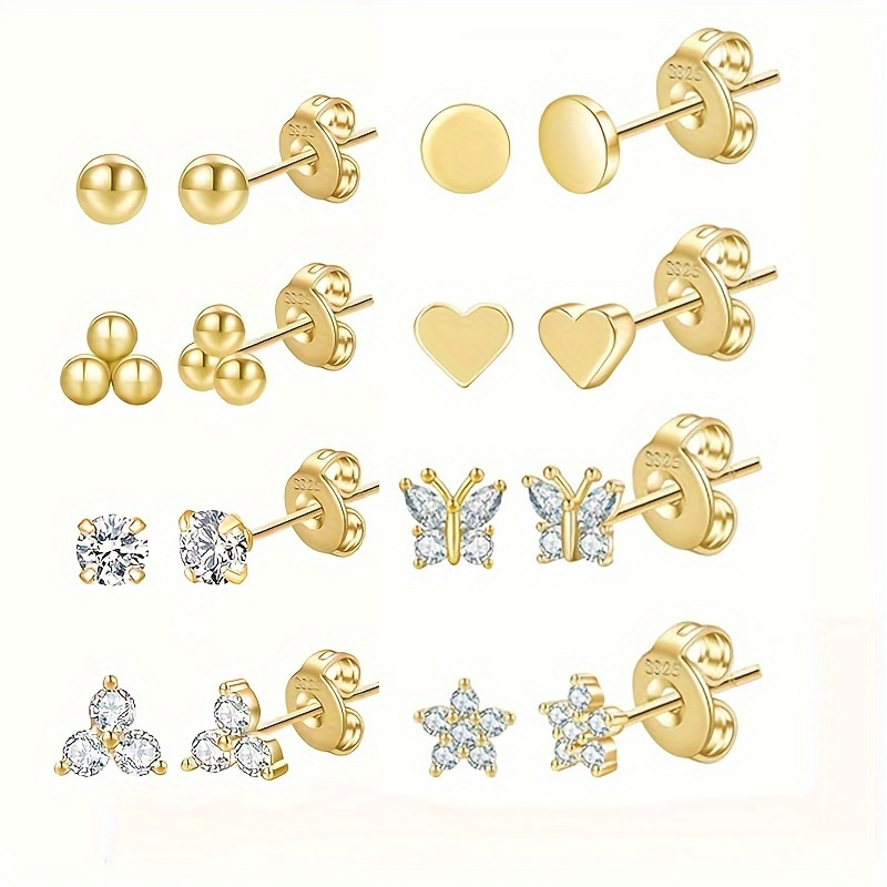 

8 Pairs Golden Stud Earrings For Women, 18k Gold Plated Stud Earrings Set For Women Hypoallergenic Stud Earrings Cubic Zirconia Stud Earrings Small Stud Earrings For Women