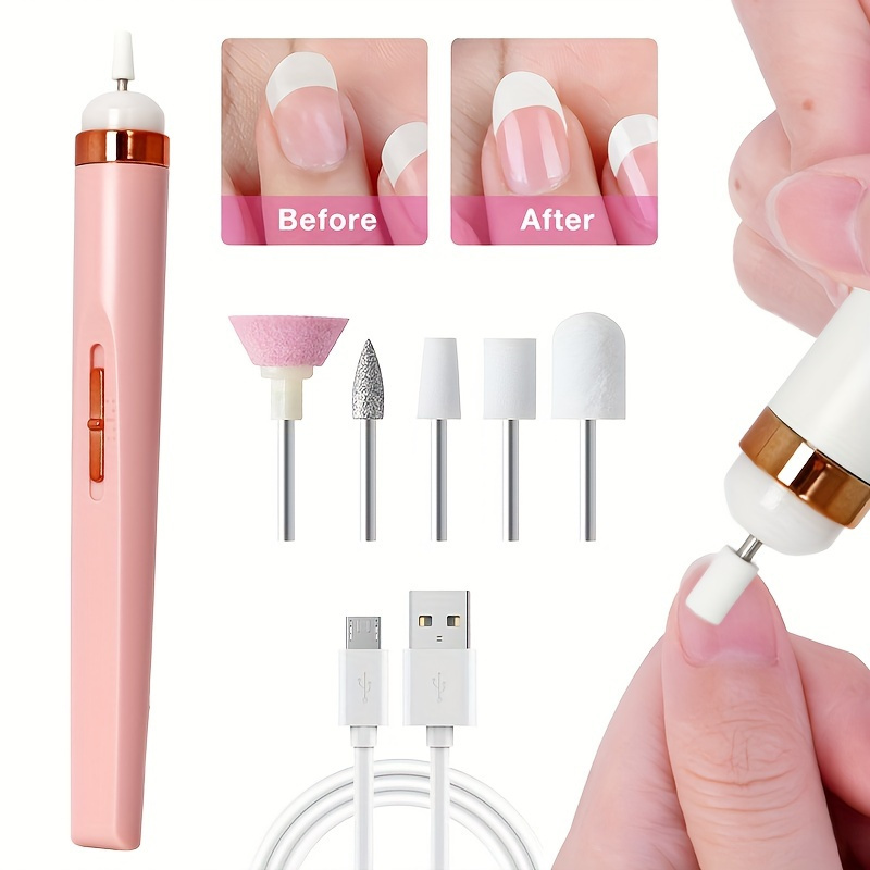 

Mini Electric Nail Drill Kit, Portable Manicure Pedicure Set With 5 Grinding Heads, Usb Rechargeable Nail Buffer Polisher, Pink, Professional Nail Art Tools For Home Salon Use