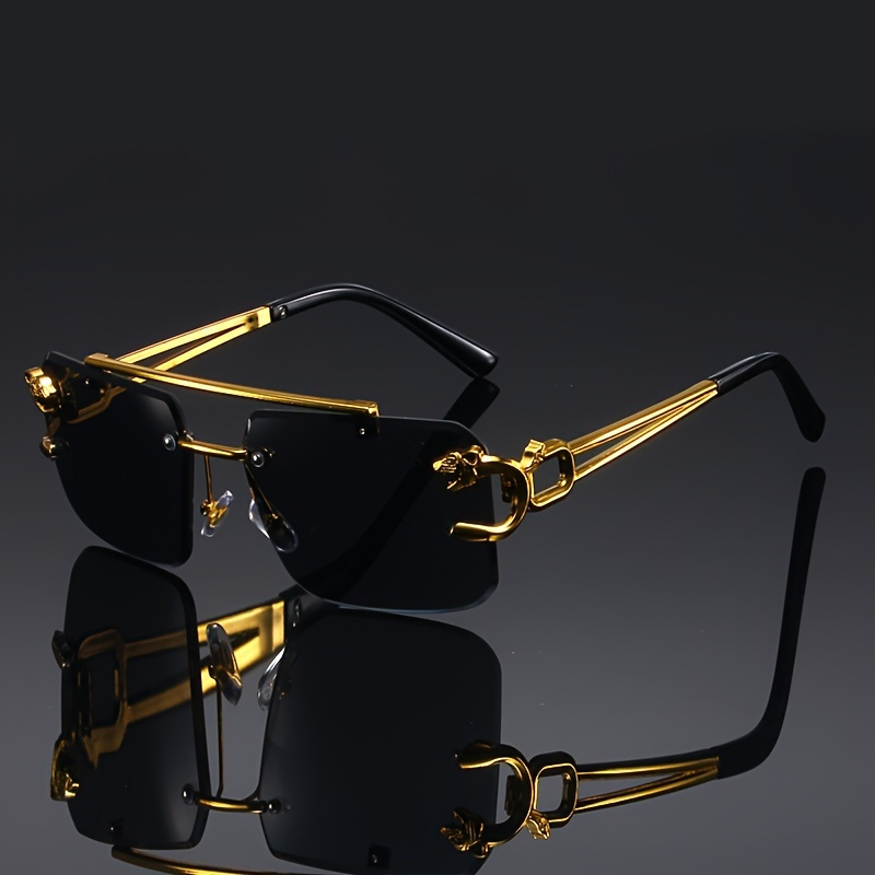 

Vintage Luxury Golden Fahsion Glasses Cool Tiger Stand Women's Frameless Black For Men And Women Outdoor Travel Anti Glare Glasses