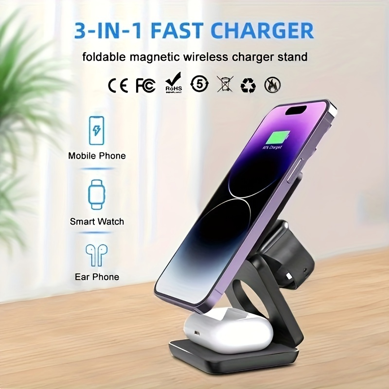 

3-in-1 Folding Wireless Charger For Mobile Phones, Watches And Headphones, Suitable For Magnetic Wireless Charging