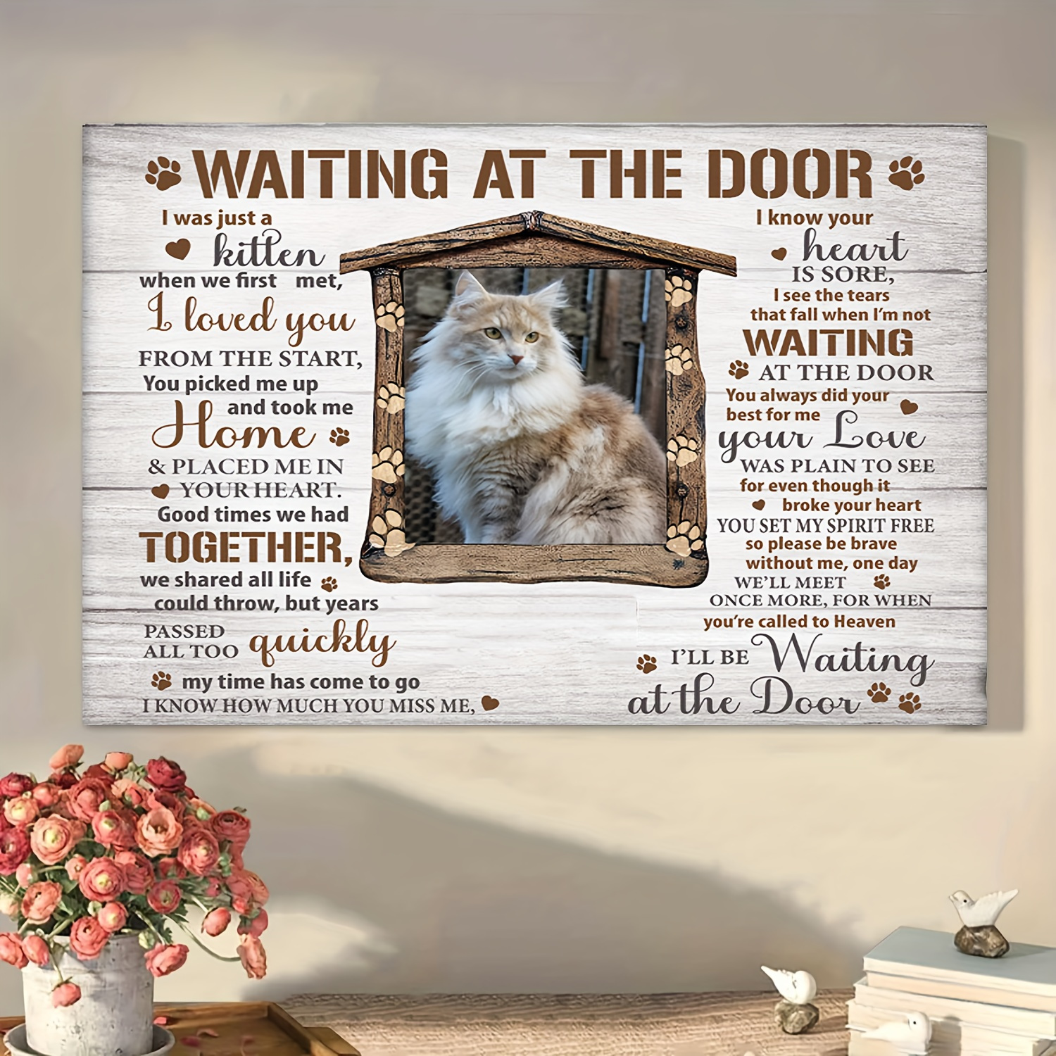 

1pc, Personalized Wooden Framed Canvas Painting, Waiting At The Door Cat Horizontal Canvas Poster Cat Memorial Gift 11.8x15.7inch Eid Al-adha Mubarak