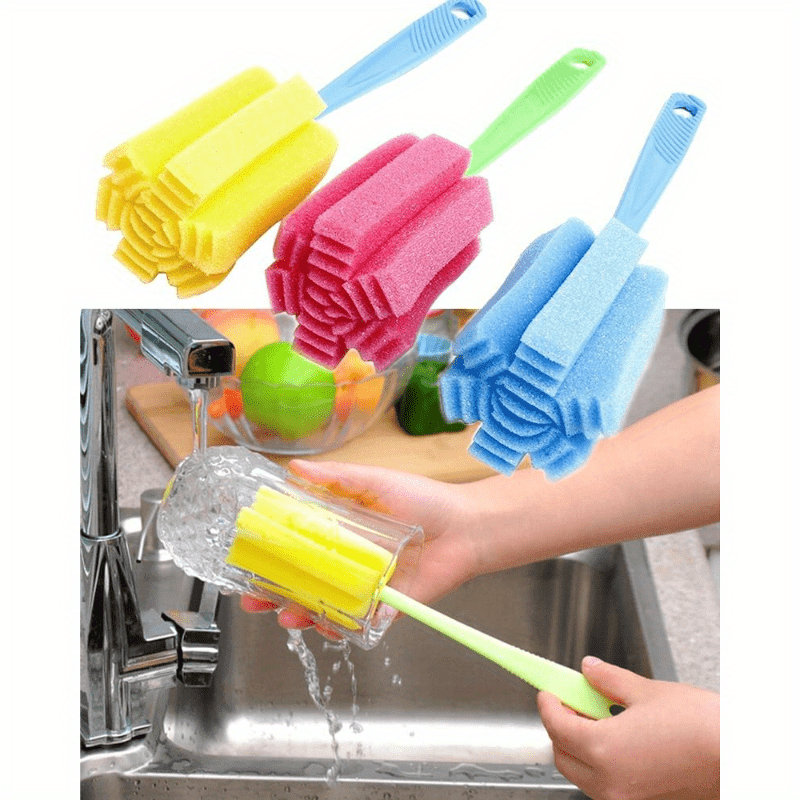 

4pcs Kitchen Cleaning Set: Reusable Sponges & Glassware Brushes With Handles - , Non-electric, Home & Commercial Use