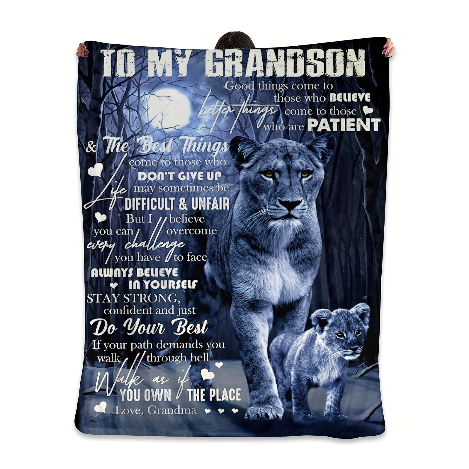 

1pc Lion Print Envelope Blanket, To My Grandson From Grandma Flannel Blanket, Soft Warm Throw Blanket Nap Blanket For Couch Sofa Office Bed Camping Travel, Multi-purpose Gift Blanket For All Season