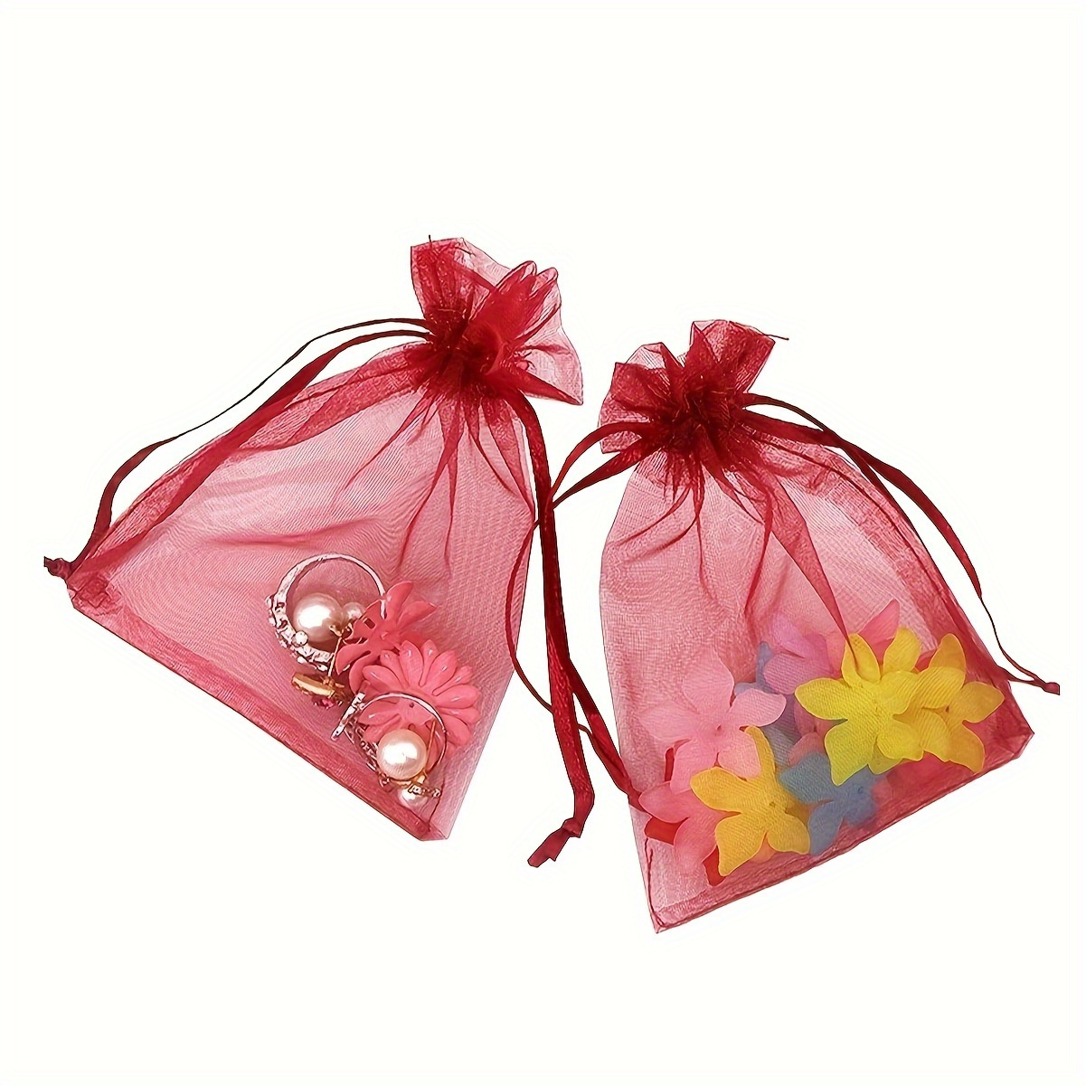 

50 Pcs Burgundy Organza Drawstring Pouches, Beaded Jewelry Storage Bags, Gift Wrapping Bags For Party Birthday Holiday Presents