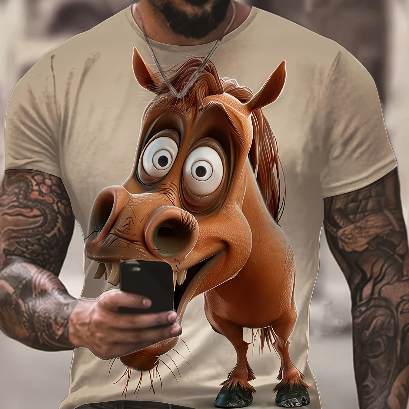 

Men's 3d Digital Animation Style Weird Horse Pattern Crew Neck Short Sleeve T-shirt, Novel And Funny Tops For Summer Outdoors And Sports Wear