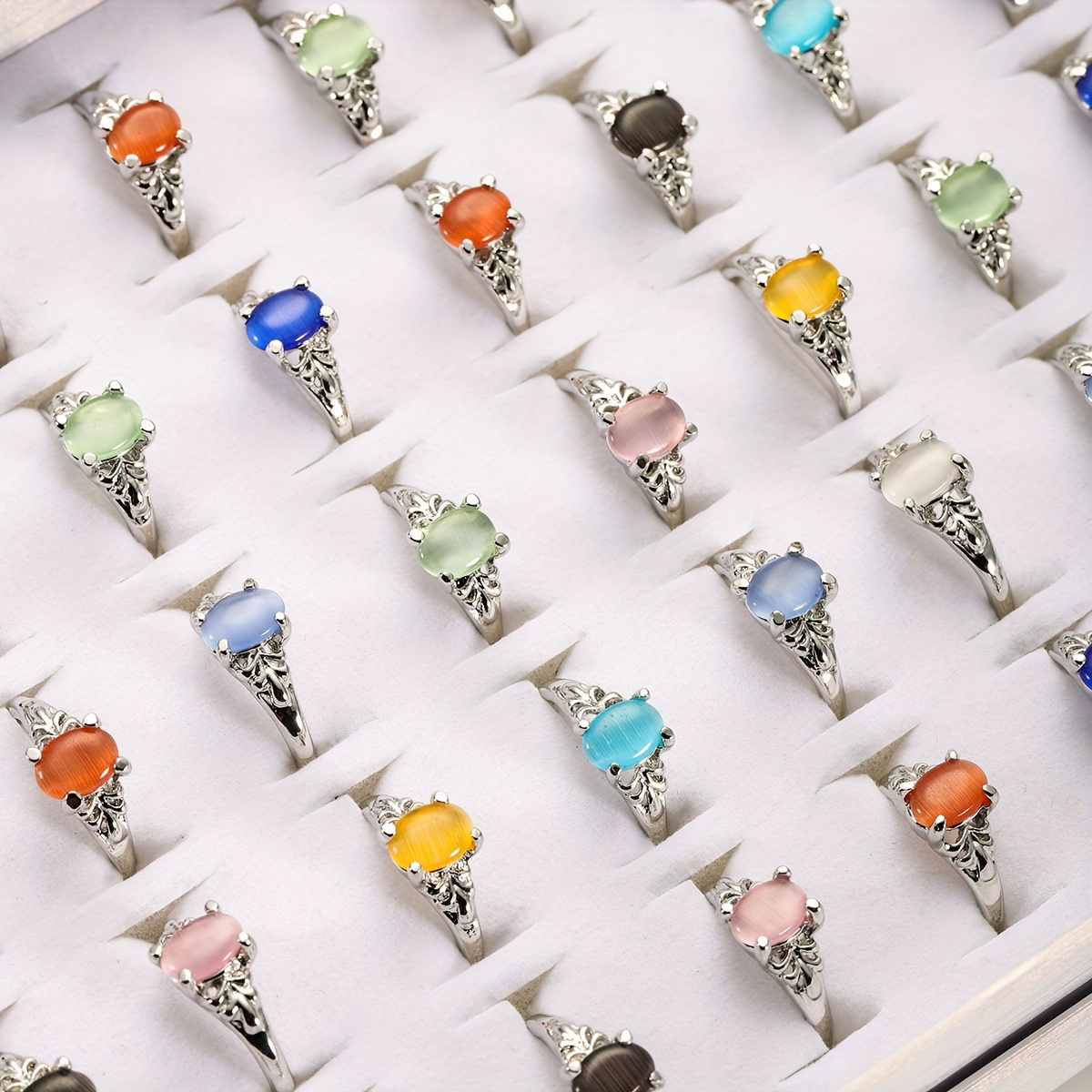 

Us Wholesale Lots 50pcs Beautiful Synthetic Cat's Eye Stone Alloy Finger Rings For Women Colorful Girl Party Gifts ( Size 16-19mm Random Box Is Not Include )