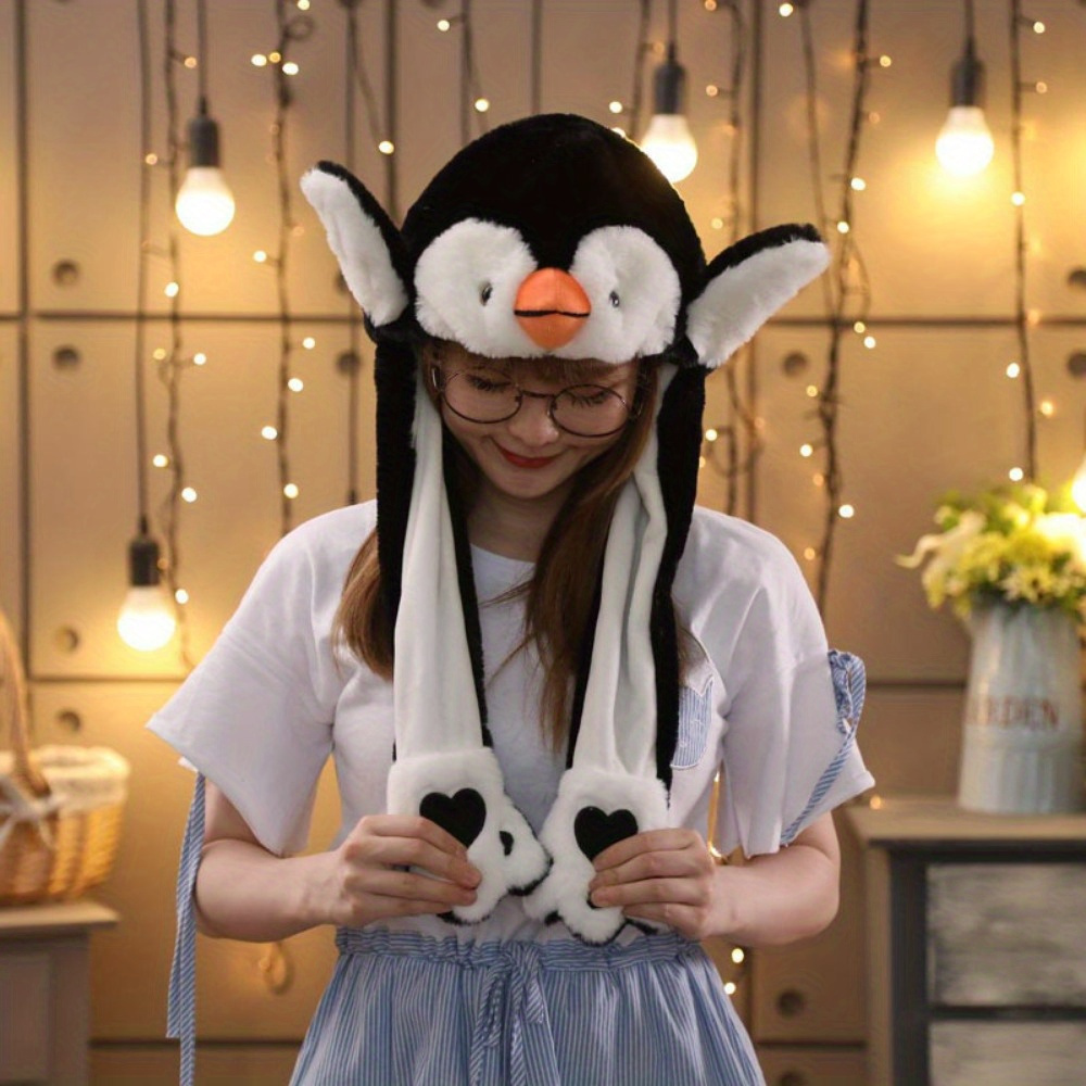 

1 Pc Plush Penguin Hat With Moving Ears, Cute Fun Animal Hat, Interactive Plush Squeeze-to-move Ear Flaps, Soft Headwear For Women Men