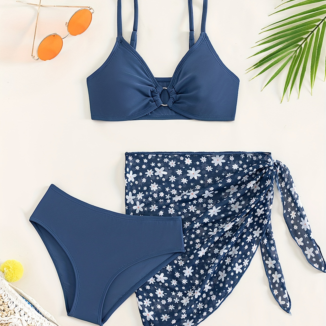 

3pcs Girl's Solid Color Bikini & Flower Pattern Swimwear Cover-up Skirt Set, Quick-drying Bathing Suit, Girl's Swimsuit For Summer Beach Holiday
