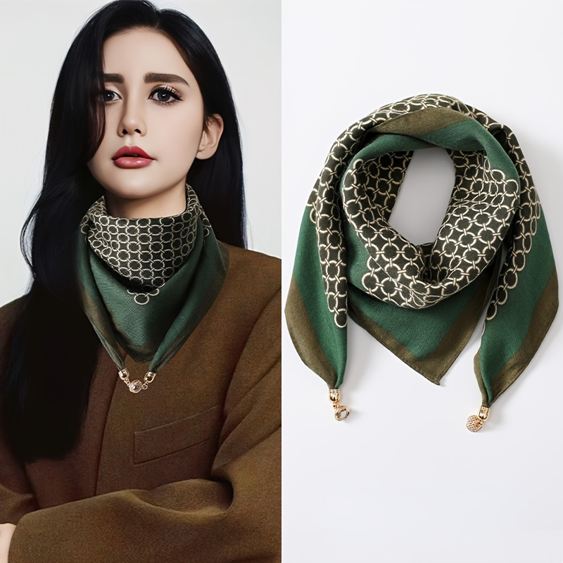 

Elegant Vintage-inspired Triangle Scarf With Magnetic Clasp - Soft, Warm Polyester Neck Warmer For Women, Spring & Winter