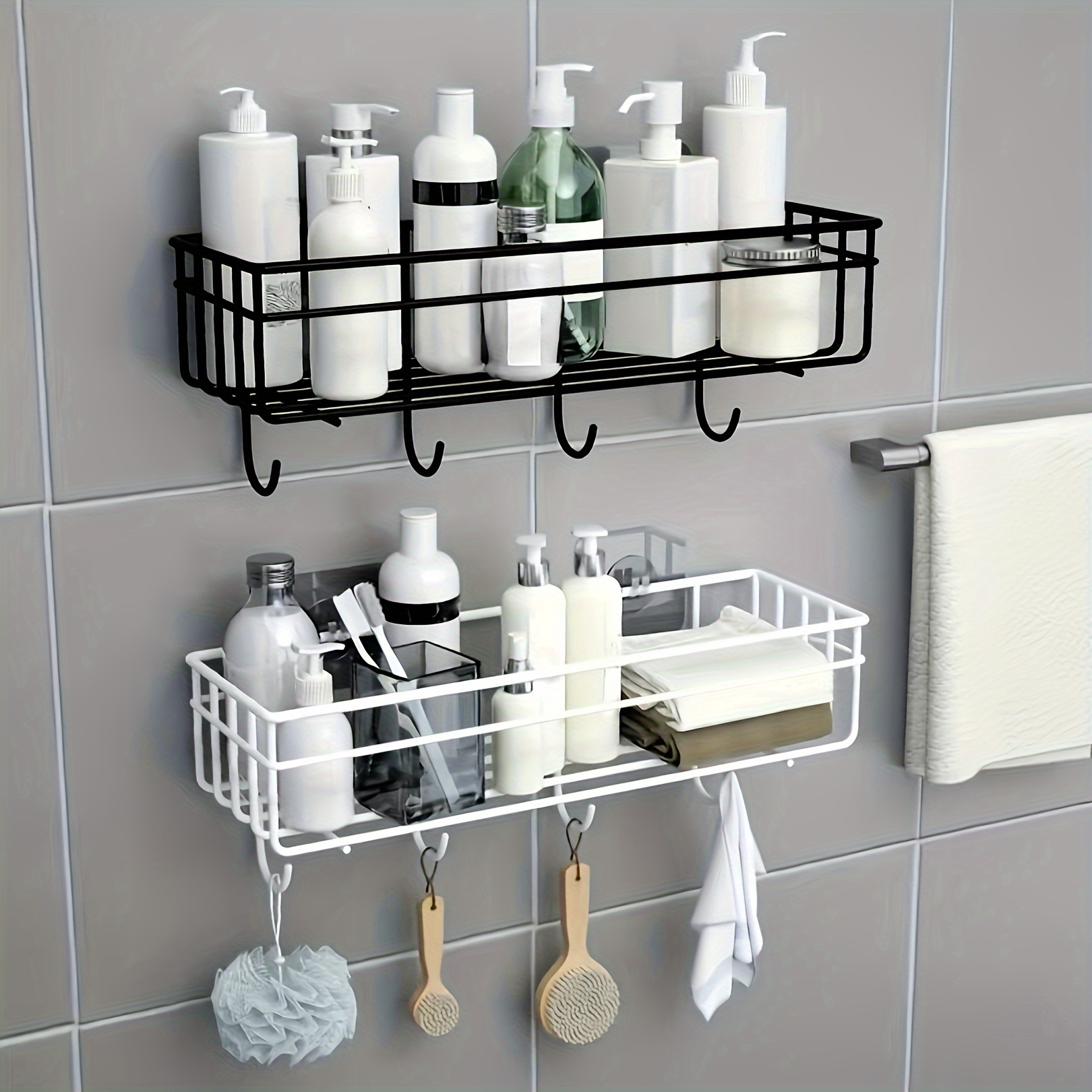 

Cast Iron Hanging Shelf, Wall Mounted Bathroom Organizer, Multifunctional Storage Rack For Kitchen, Strong Adhesive No-drill Installation, Modern Square Design.