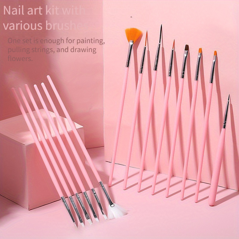 

15pcs Pink Nail Art Brush Set, Gel Painting & Dotting Pen Collection, Fan & Carving Design Tools, For Diy Home Manicure And Salon Use