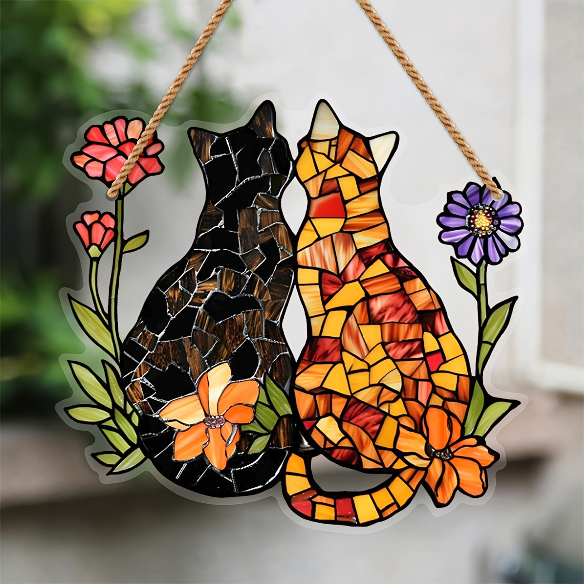 

Acrylic Cat Couple With Flowers Suncatcher Window Hanging Decor, No Power Supply Needed, Featherless, Indoor/outdoor Garden Wall Art For Cat Lovers