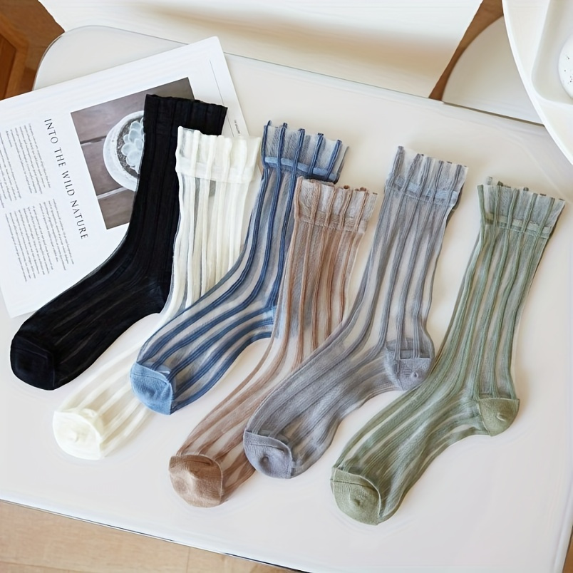 

6 Pairs Striped Mesh Socks, College Style Ultra-thin Mid Tube Socks, Women's Stockings & Hosiery - For Fall