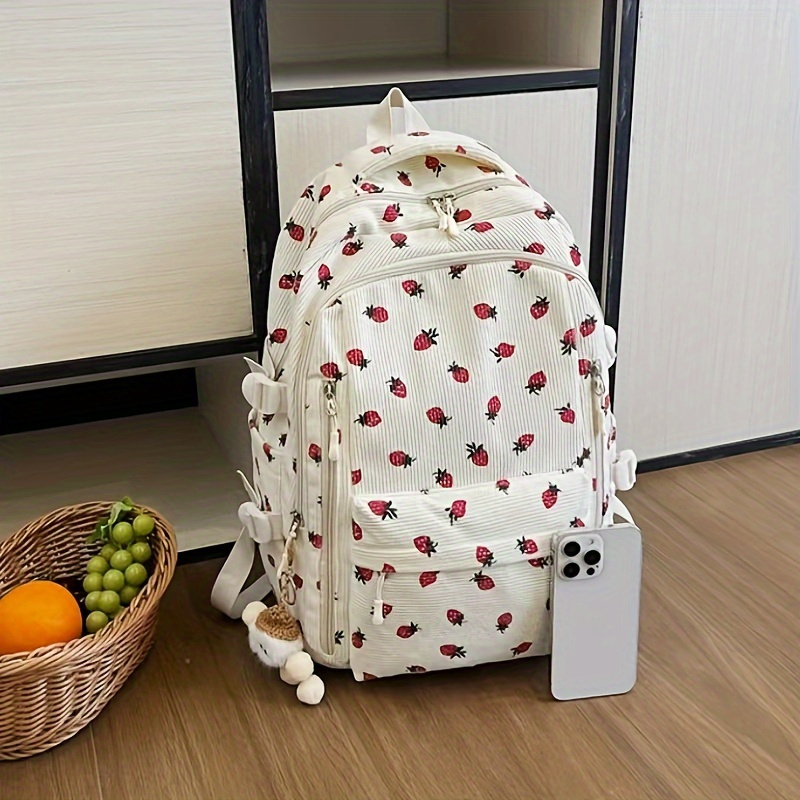 

Stylish Strawberry & Cherry Corduroy Backpack - Cute Schoolbag With Pockets, Zip Closure, , Hand Wash Only, High School & College Students, Backpack For School