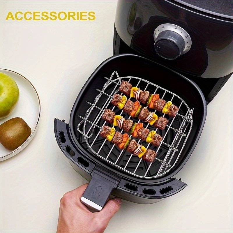 stainless steel air fryer rack accessory set round dual layer skewer holder compatible with most air fryers versatile roasting grilling racks with skewers for cooking and dishwasher safe details 3