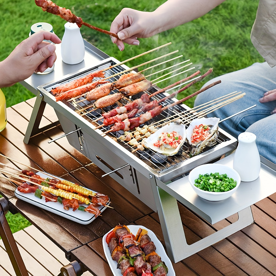 

1pc Portable Stainless Steel Folding Charcoal Grill With Skewers, Compact & Easy To Clean, Travel, Camping, , Picnics, And Outdoor Cooking, Picnic Cooking Tool | Compact Grill | Materials