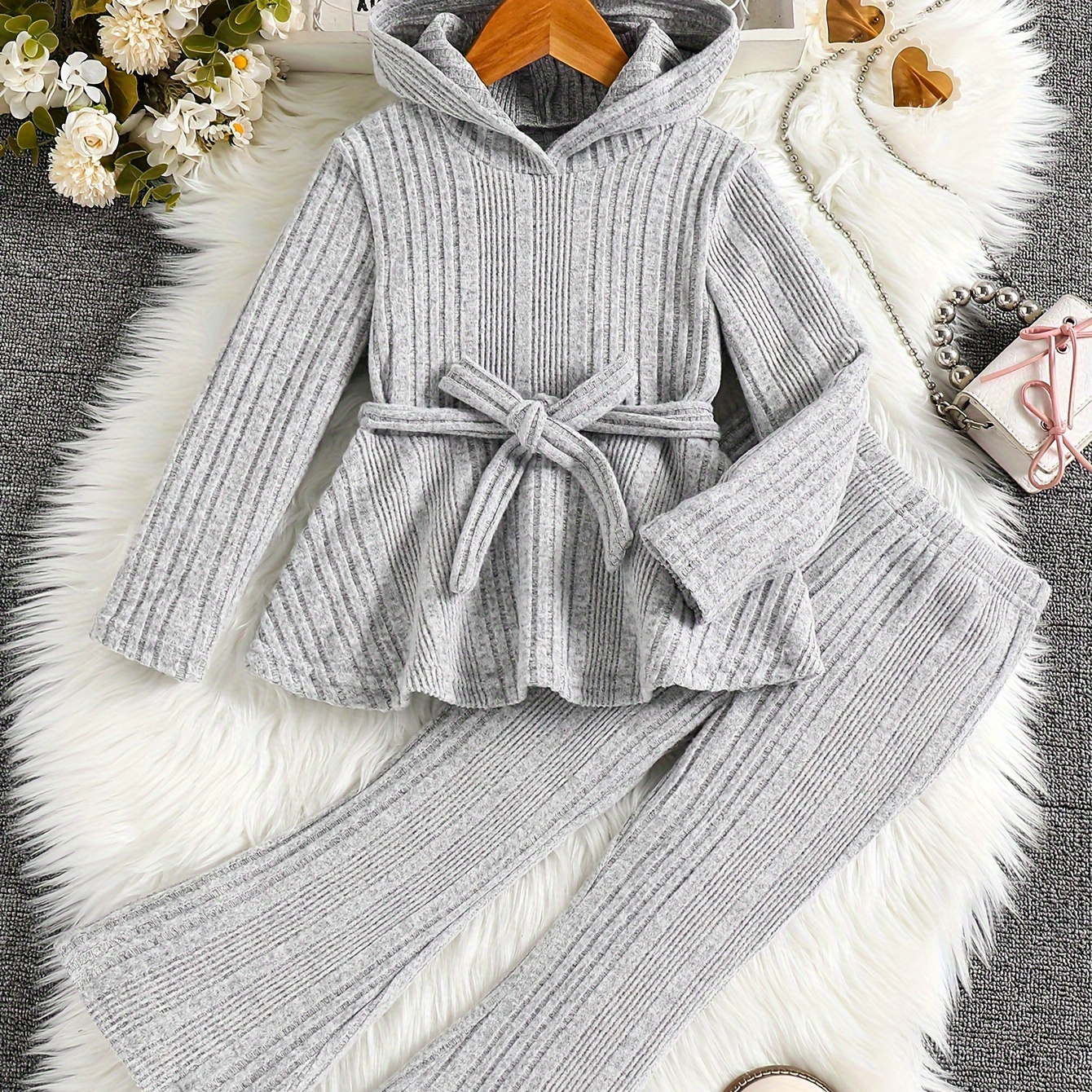 

2pcs, Elegant Solid Ribbed Hoodie Sweatshirt + Flared Pants Girl's Set - Perfect For Casual Outings, Gift Idea