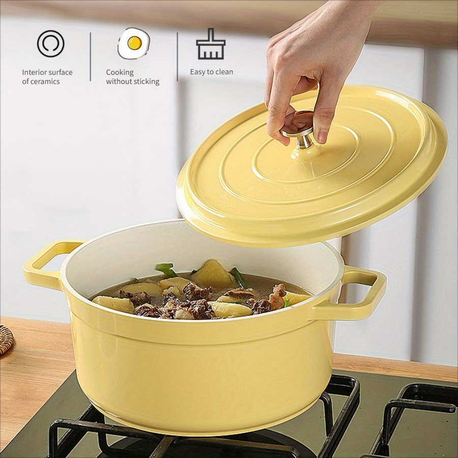 versatile non stick enamel soup pot with lid cast aluminum dual handles ceramic coating   for home kitchens   pot ceramic inner lining details 1