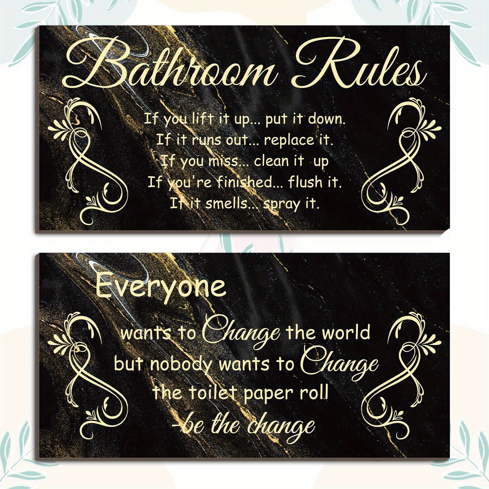 

2pcs Low-key Luxury Imitation Marble Pattern Bathroom Signs Bathroom Rules Copywriting Humor Black And Golden Color Bathroom Wall Decor Bathroom Accessories Farmhouse Toilet Rustic Wooden Signs