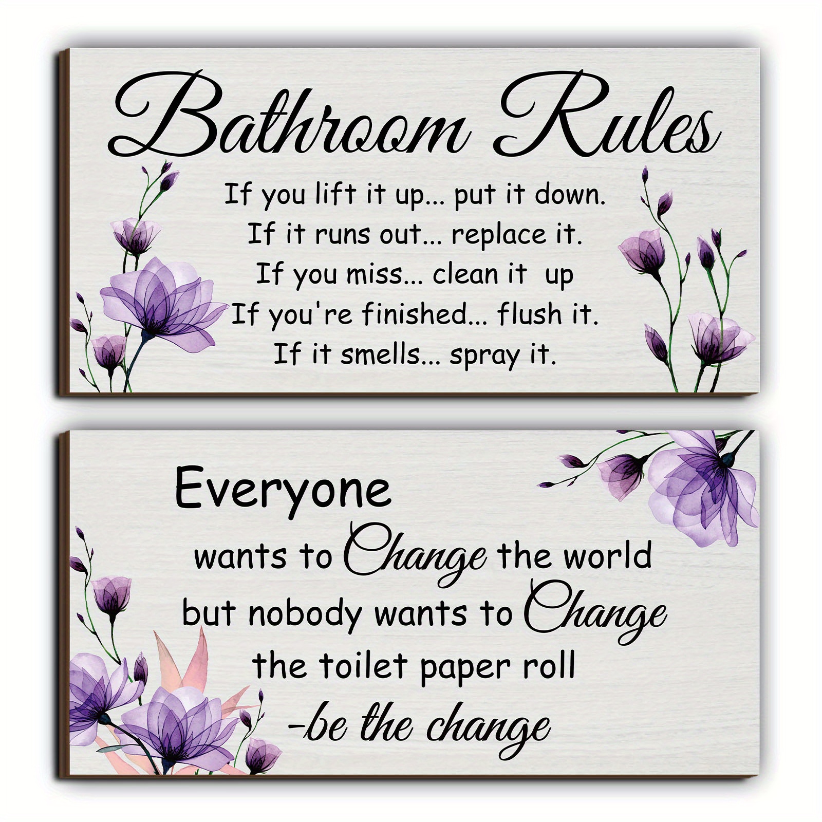 

2pcs Purple Floral Bathroom Wall Decor Funny Bathroom Rules Signs Decor, Bathroom Signs Toilet Decor Purple Bathroom Wall Decor Wooden Wall Decor Hanging Signs Wall Art Set