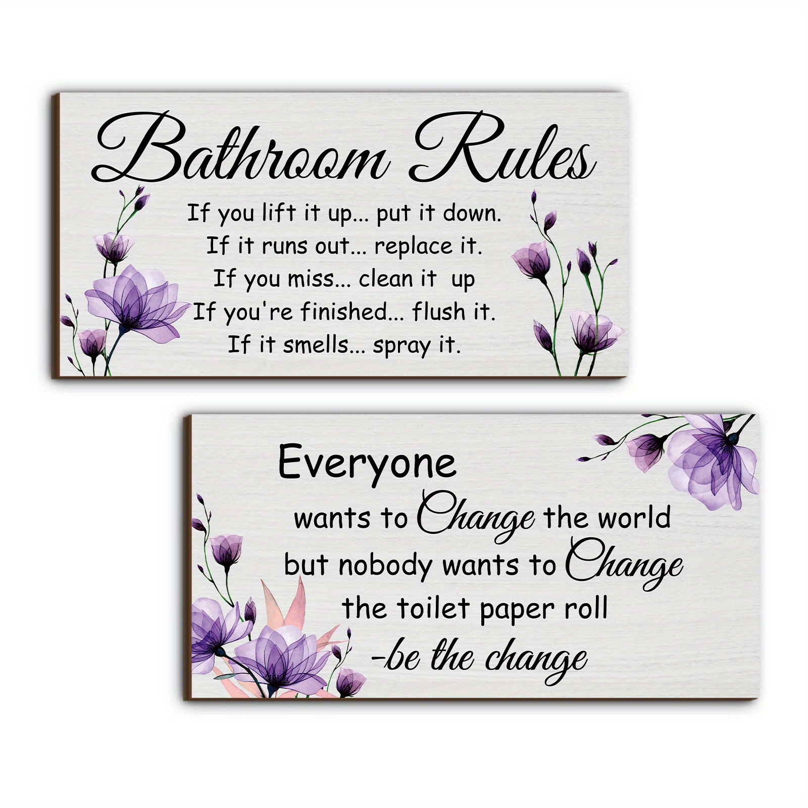 

2pcs Purple Floral Bathroom Wall Decor Funny Bathroom Rules Signs Decor, Bathroom Signs Toilet Decor Purple Bathroom Wall Decor Wooden Wall Decor Hanging Signs Wall Art Set