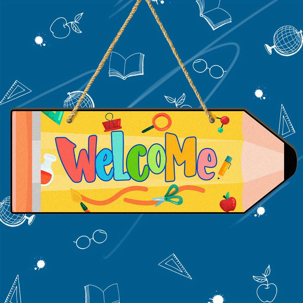 

1pc Welcome Sign For School Classroom, Ruler & Pencil Wooden Back To School Door Sign For Classroom Yard Outside Wreath Hanging Decorations