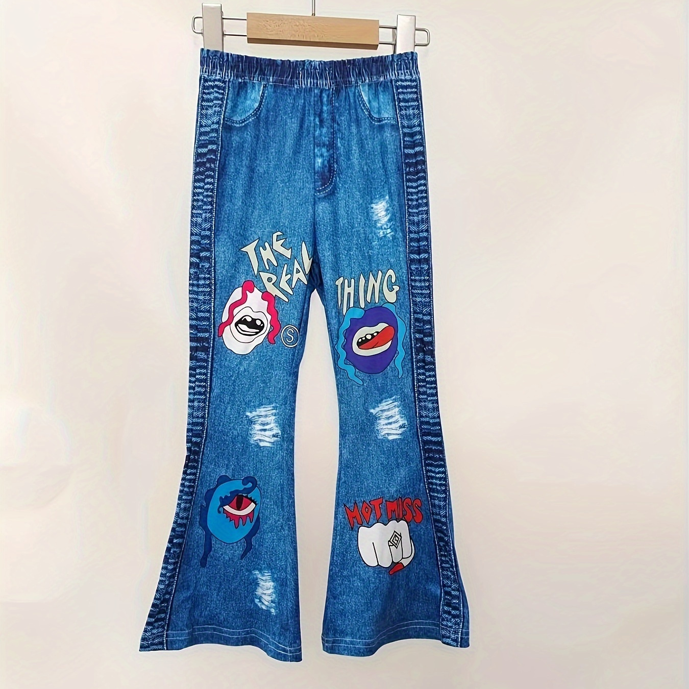 

Letters And Girls Print Faux Pockets Imitation Denim Flare Pants For Girls, Casual And Stylish Summer Leggings Daily Wear