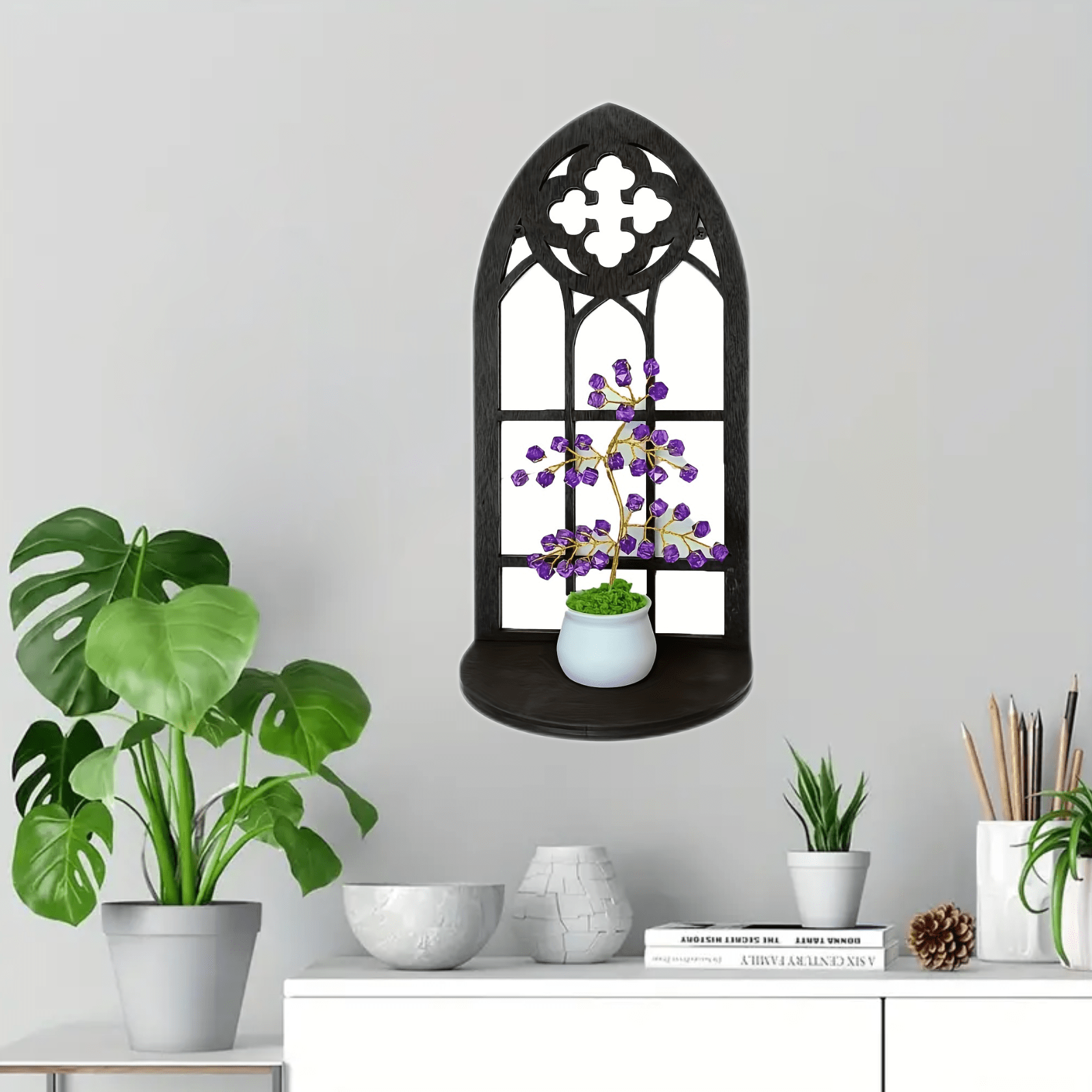 

1pc Gothic Vintage Church Window Photo Display Stand, Rustic Wooden Frame With Shelf, Wall Decor, Home & Office Decorative Accent