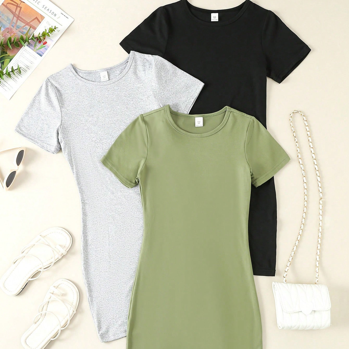 

3pcs Basic T-shirt Dresses Set For Girls, Stretch Comfy Round Neck Bodycon Dress For Going Out Summer