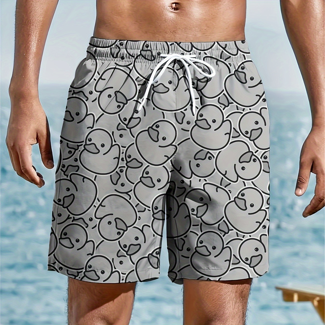 

Men's Casual Cartoon Duck Print Active Shorts, Drawstring Beach Shorts For Summer Beach Resort