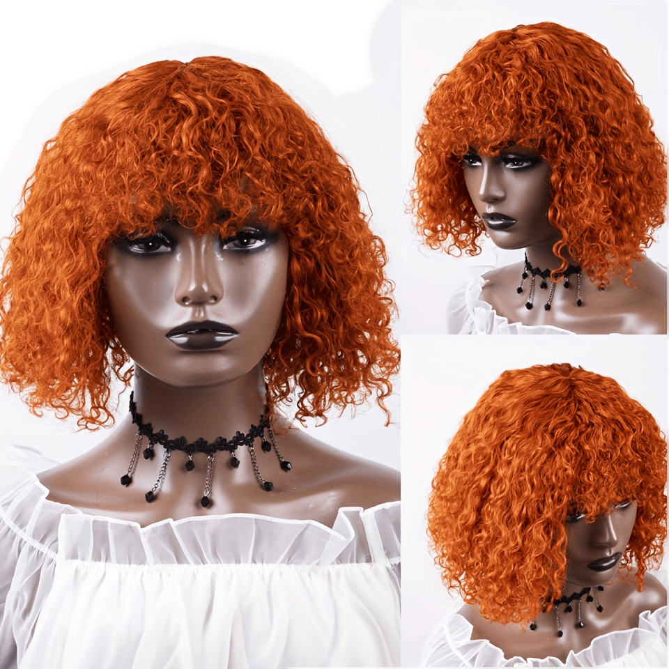 TEMU Human Hair Curly Short Bob Cut Wig - Honey Blonde To Vibrant Orange Gradient, 180% Density Non-lace Front Wig With Bangs For, Unisex & All , Hair Wig