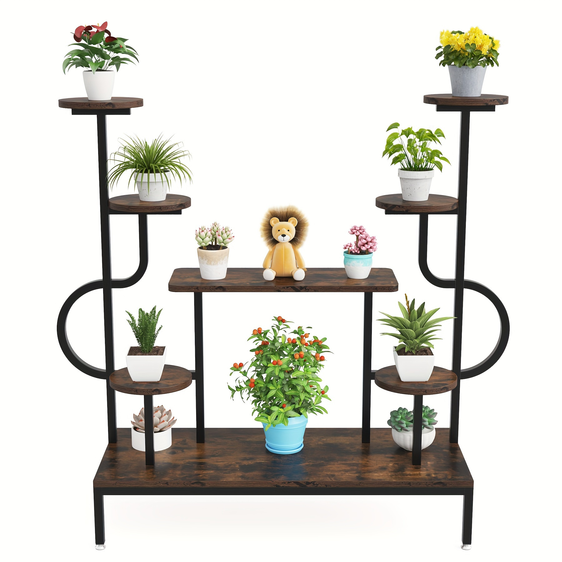 

Little Tree 8-tier Metal Plant Stand, Large Tall Plant Shelf For Multiple Plants, Round & Square Boards, Wood Indoor Ladder Holder Flower Rack For Living Room, Patio, Balcony