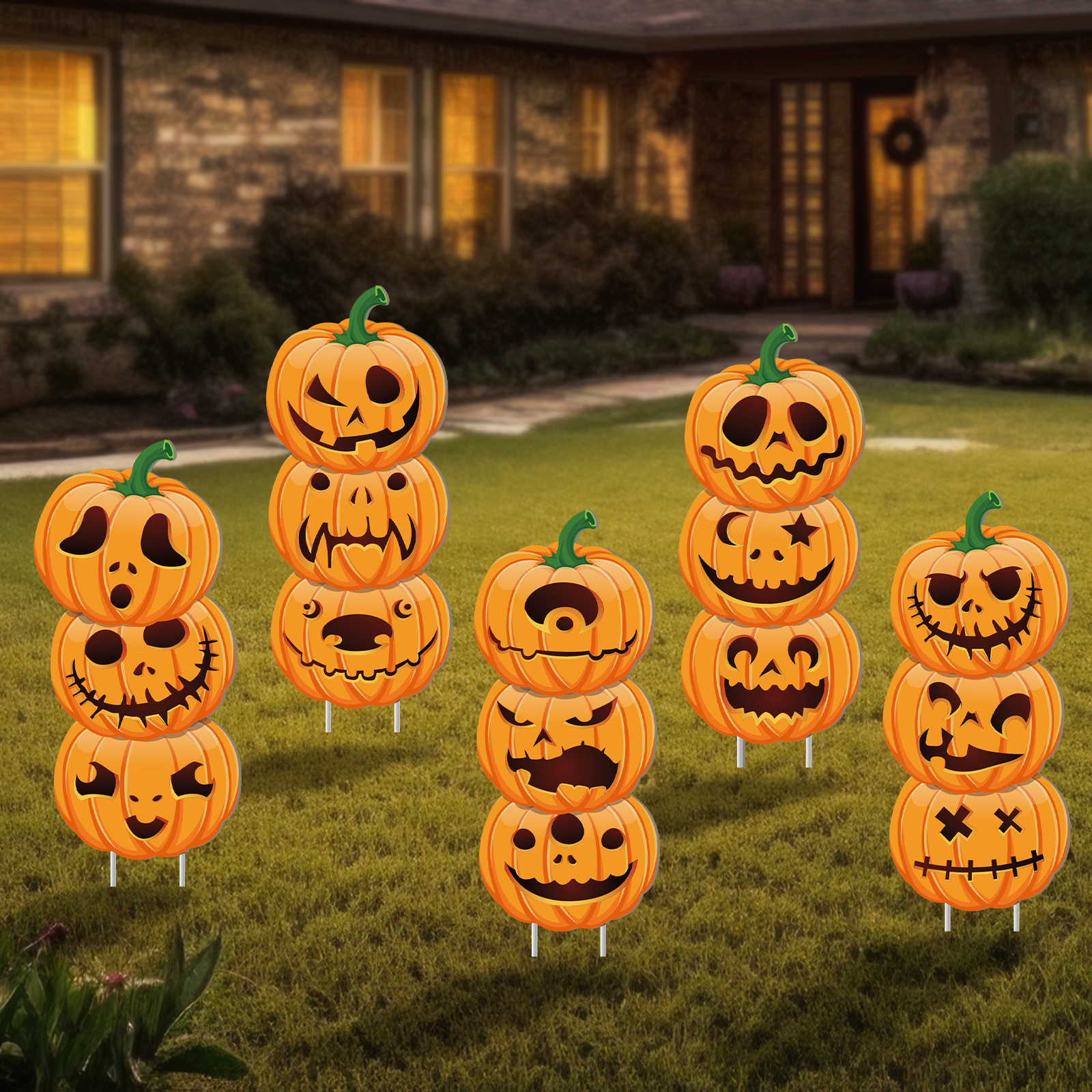 

5-piece Outdoor Halloween Pumpkin Yard Signs Set With Stakes, 3d Plastic Spooky Lawn Decorations For Garden, Cute Scary Face Pumpkin Pathway Markers For Fall Harvest Party Supplies