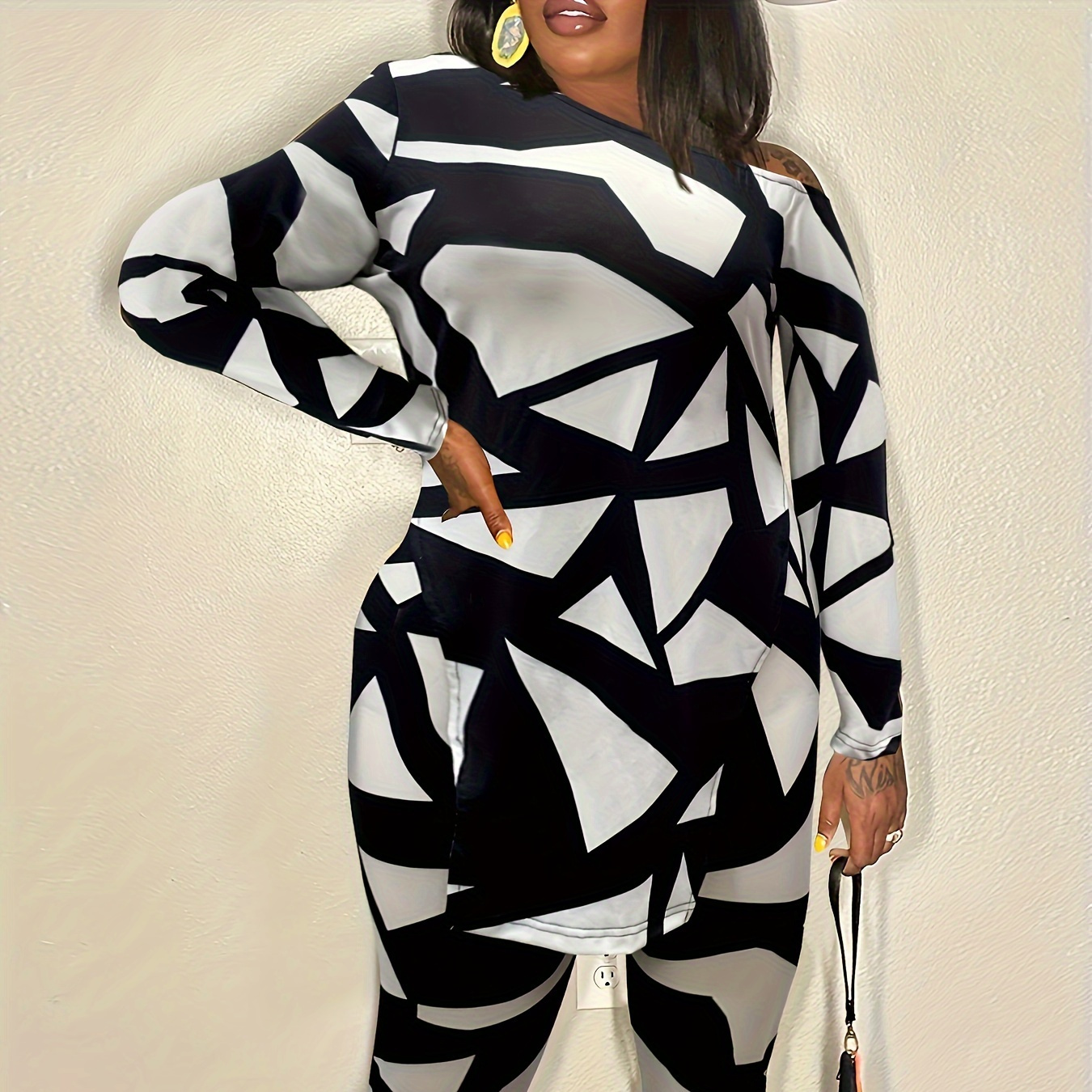 

Geometric Print Split Hem Long Sleeve Top And Pants Set