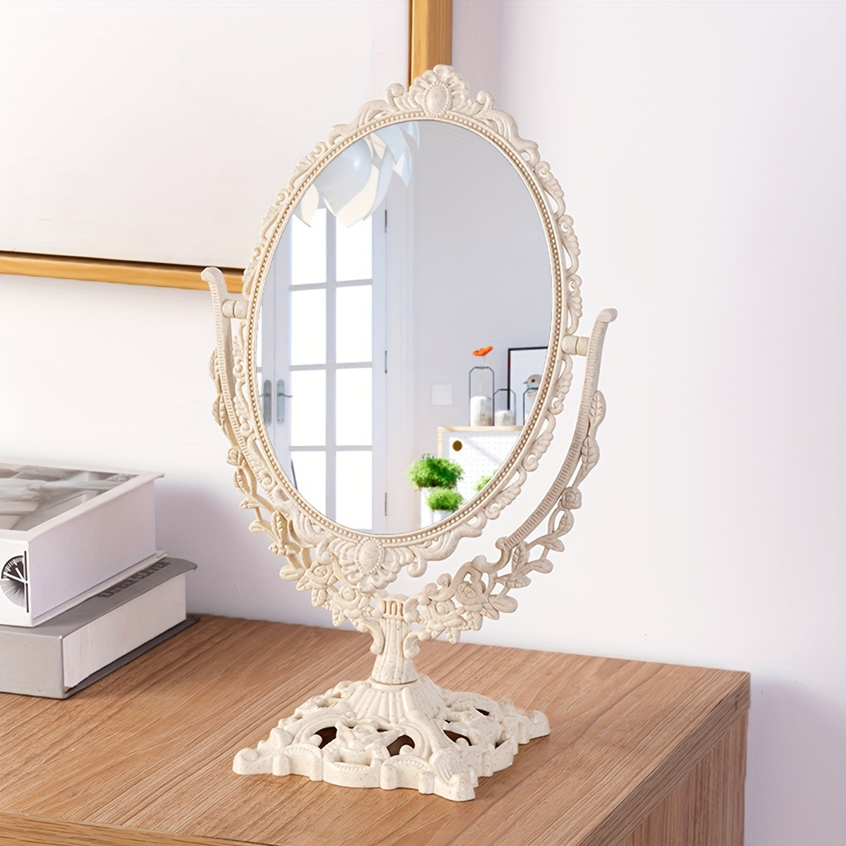 

Elegant Vintage-inspired Double-sided Rotating Vanity Mirror With Safe Edging - Perfect For Bedroom Makeup Desk