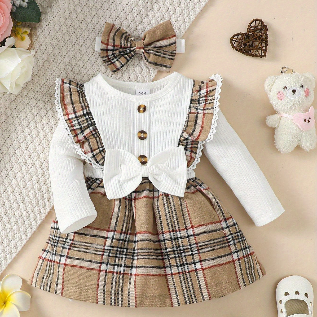 

Baby's Casual Bow Decor Faux Two-piece Long Sleeve Plaid Pattern Dress, Infant & Toddler Girl's Dress For Daily Wear/holiday/party, As Gift