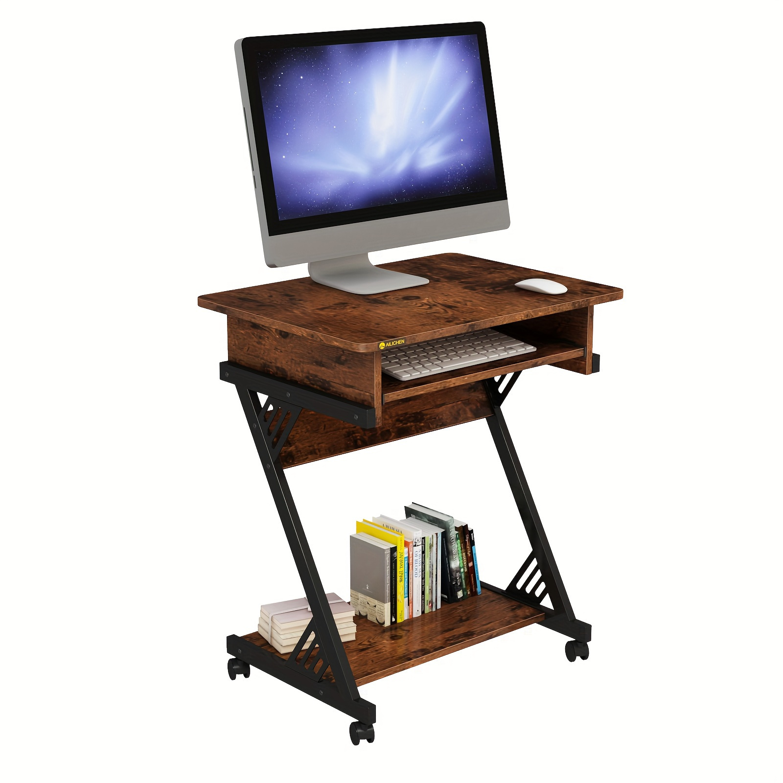 

Computer Desk Workstation With Smooth Keyboard Tray, Z-shaped Study Writing Desk For Small Spaces Compact Table For Home Office, Small Computer Cart Mobile Laptop Cart