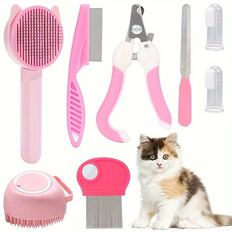 

8-piece Cat Grooming Kit With Self-cleaning Slicker Brush, Nail Clippers, Comb & Dental Care - Durable Plastic & Nylon Bristles For Healthy Fur And Teeth