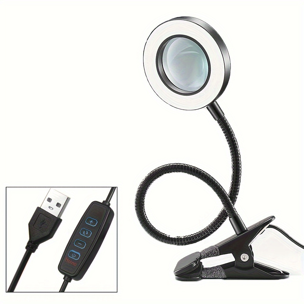 

1pc 5x Magnifying Led Desk Lamp With Clamp, Modern Metal Table Light, 3 Color Modes, 10 Brightness Levels, Usb Powered For Reading, Crafting, Workbench