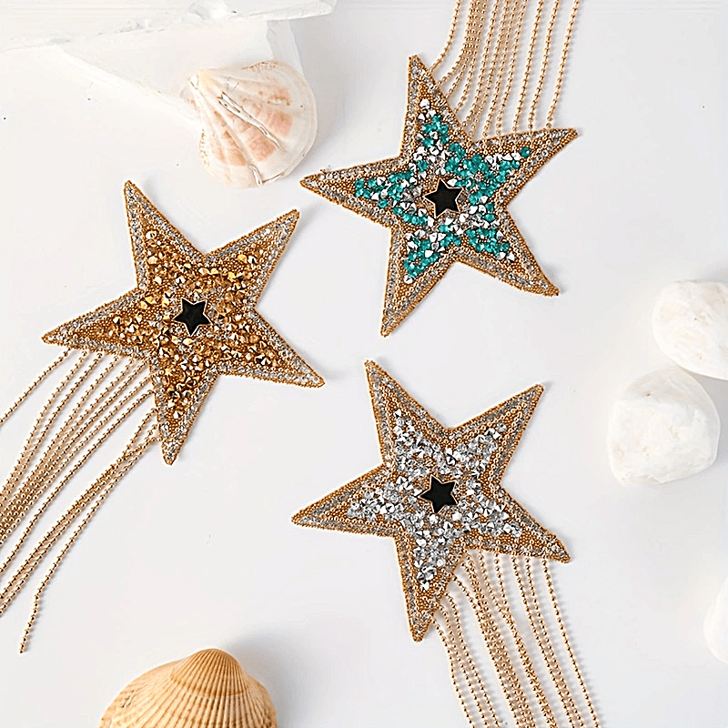 

1pc Large Star Tassel Crystal Iron-on Patch, Heat Transfer Applique For Clothing, Shoes, Hats, Bags Decoration Gifts For Eid