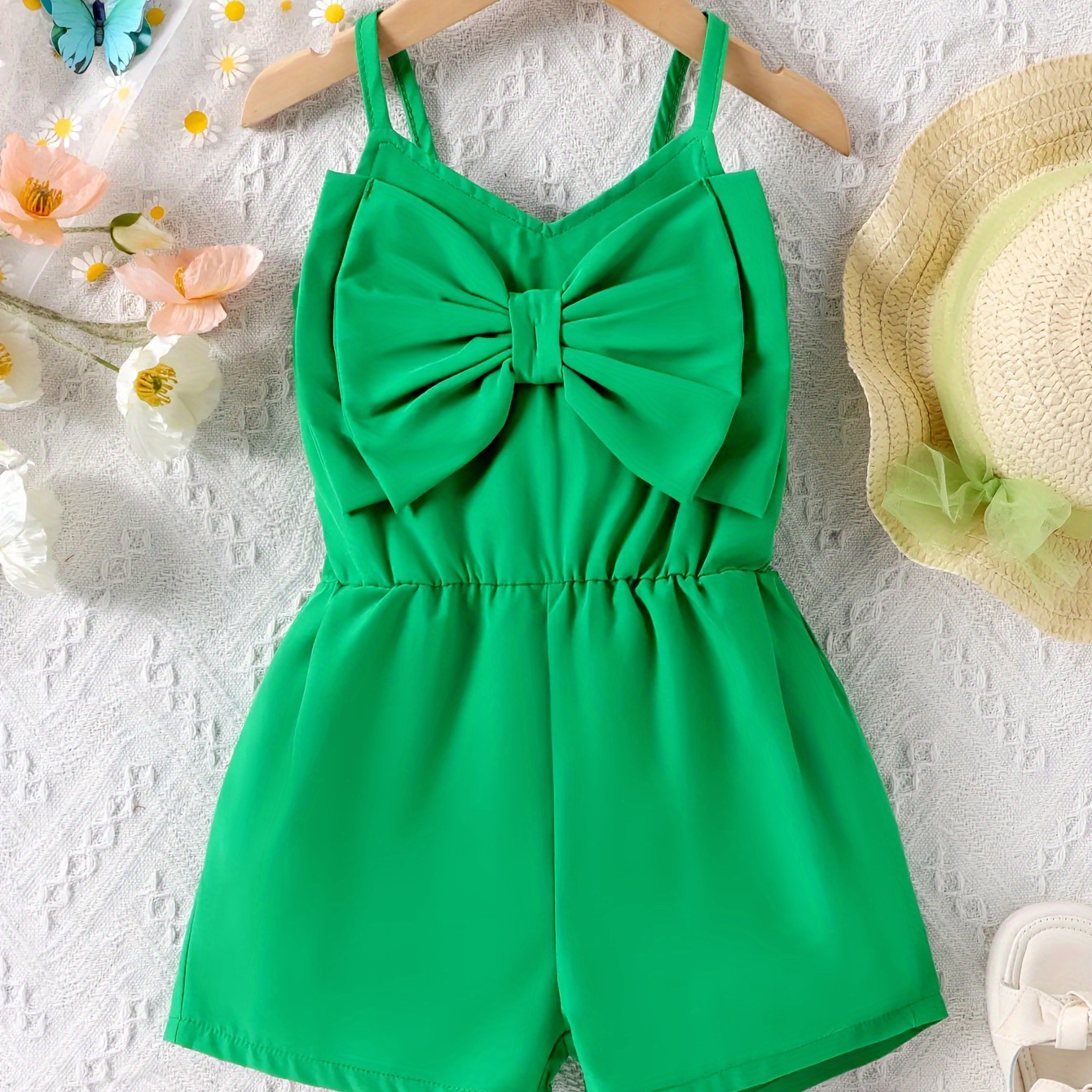 

Girls Solid Bow Decor Cami Jumpsuit, Casual Romper For Summer Gift Holiday